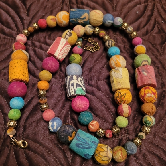 Multicolor Fabric Bead 32+ in. Necklace & 1 in. Hoop Earring Set - Picture 4 of 11